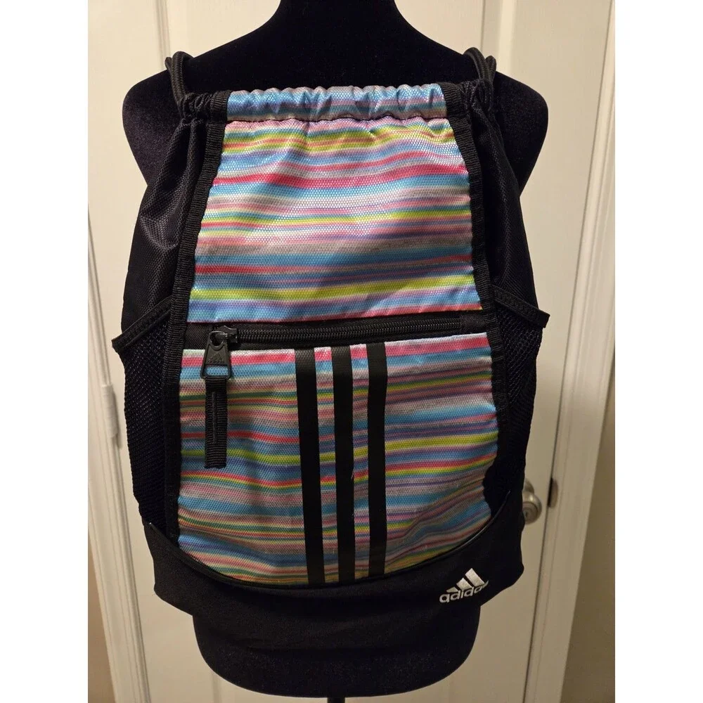adidas Medium Polyester Drawstring Gym Bag Black Multicolor Striped Zip Pocket